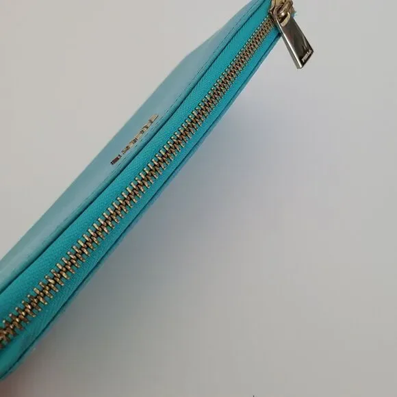 Furla Italian Zip Around Wallet Large Geniue Leather Tiffany Blue Designer Logo - Picture 3 of 10